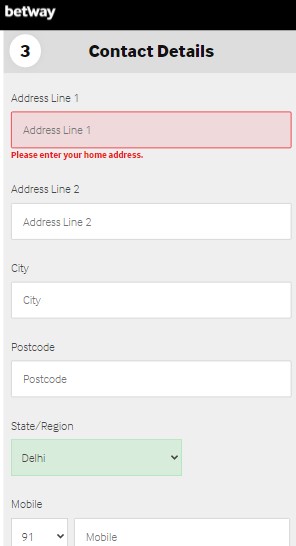 BetWay Registration Step 03