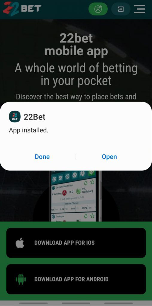 22bet app installed on android