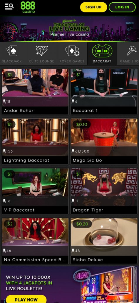 888 Casino app Baccarat