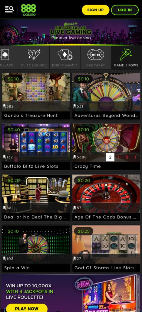 888 Casino app game shows