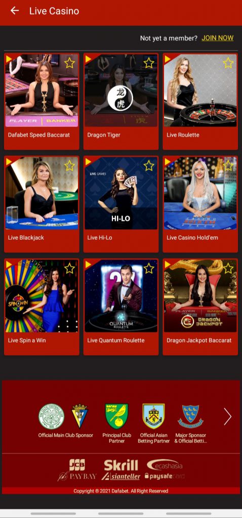 Dafabet app live casino