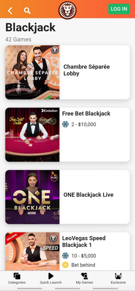 LeoVegas app Blackjack
