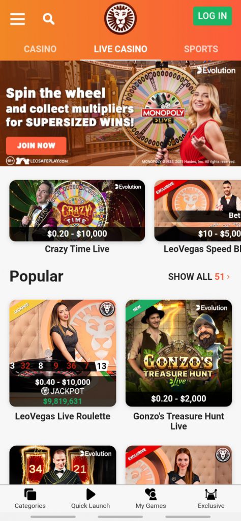 LeoVegas app live casino