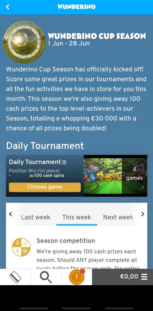 Wunderino app tournaments
